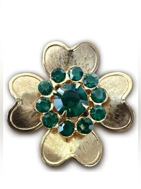 Vintage Gold-Tone Flower Brooch with Emerald Green Rhinestones